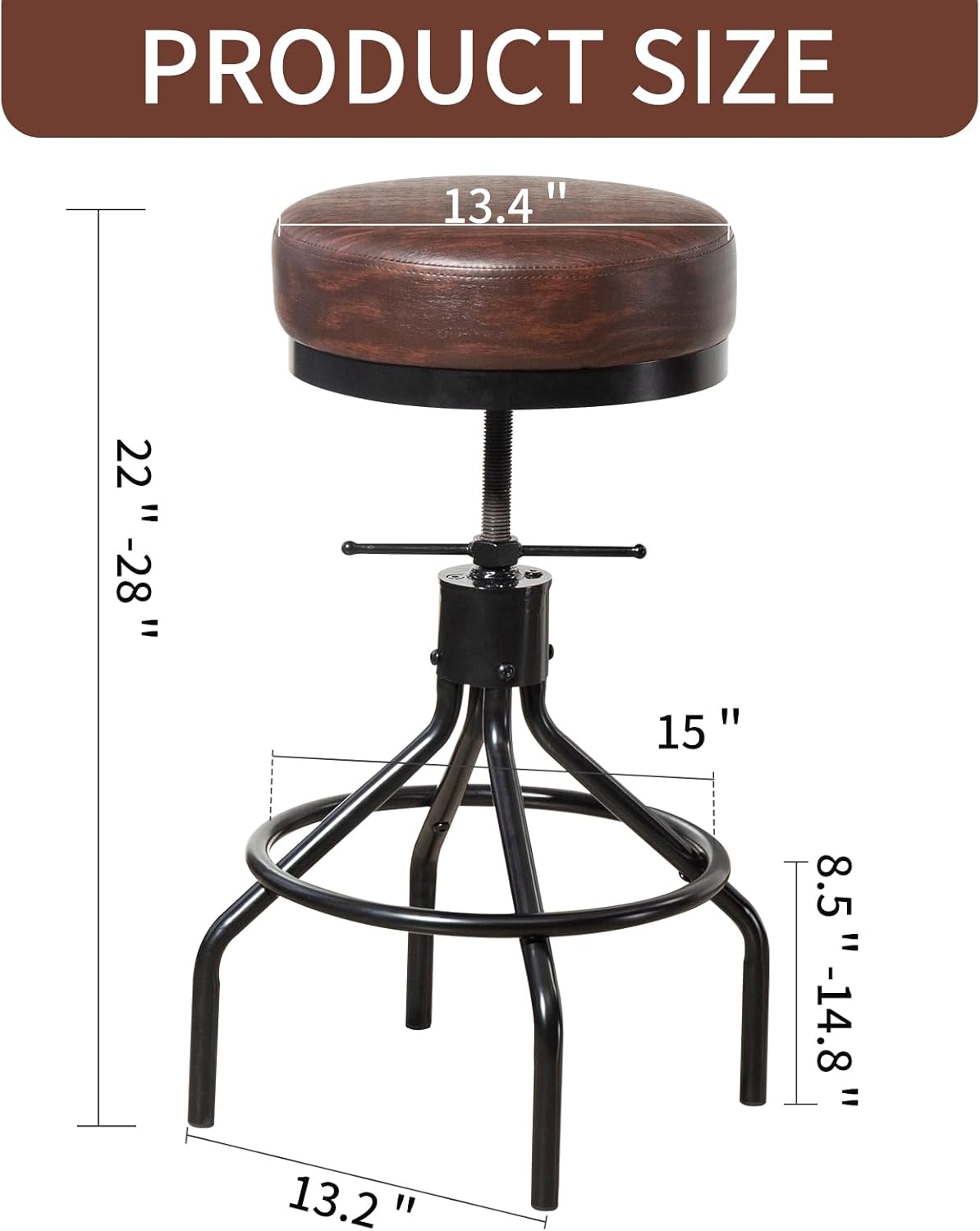 Counter Height Bar Stool Adjustable Swivel Round Barstools Modern PU Leather 28inch Backless Metal Industrial Stool Bar Chair for Kitchen Island (1, Walnut)