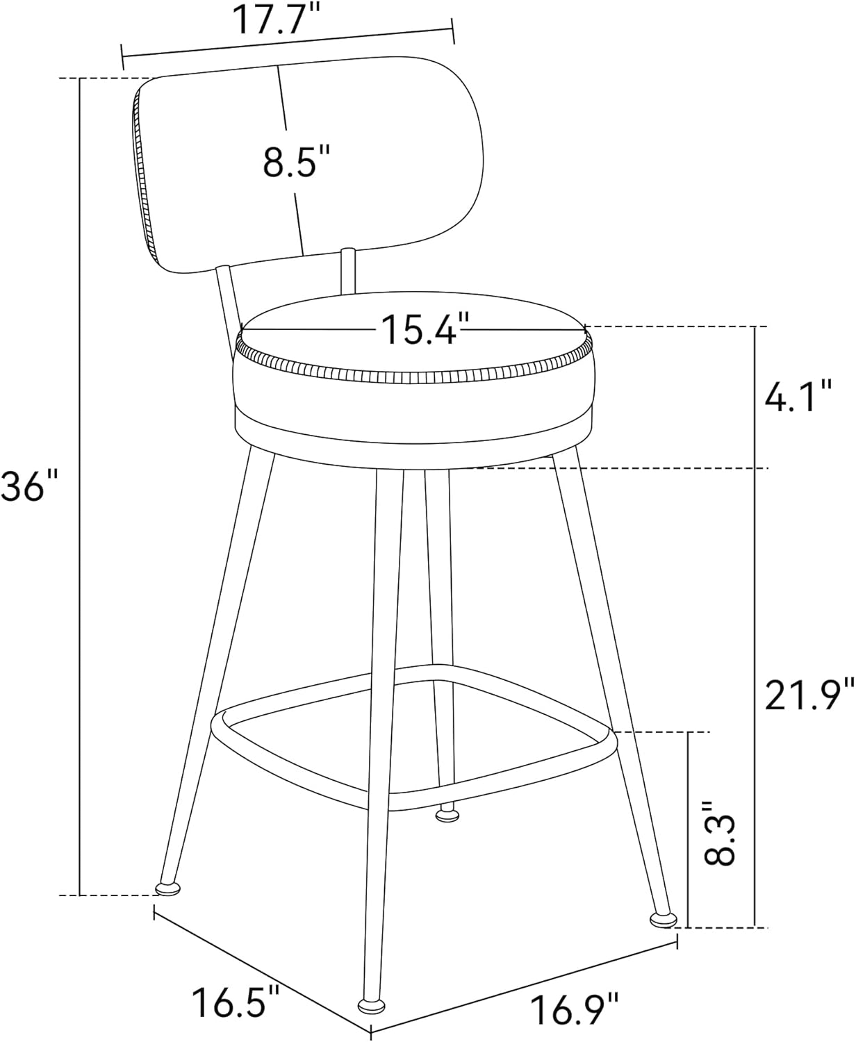 Counter Height Bar Stools, 26" H Swivel Barstools Set of 6, Faux Leather Kitchen Counter Stools with Back and Stylish Stitching, Metal Frame, Pub, Home Bar, Black Grey
