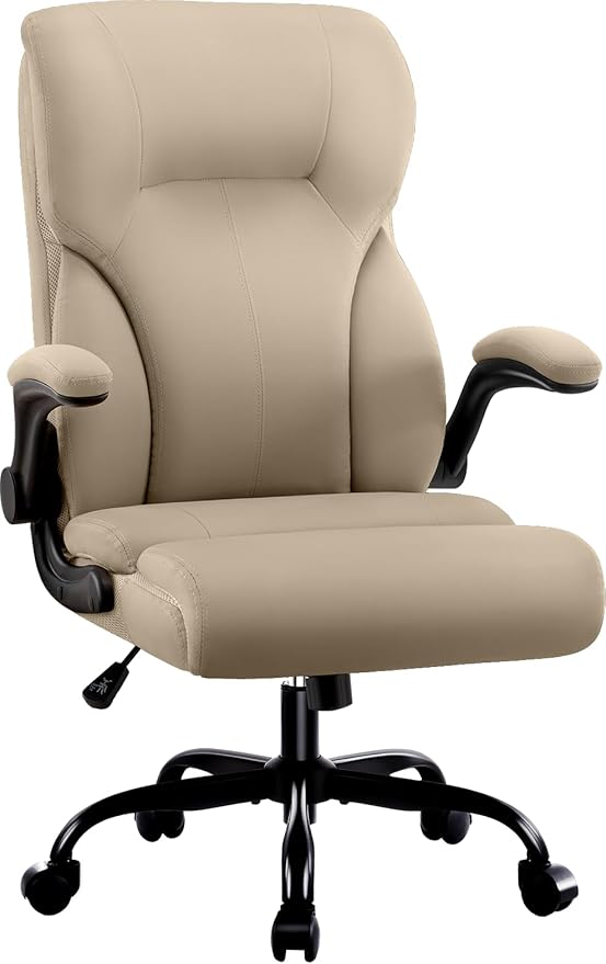 Executive Office Chair, High Back Ergonomic Comfy Desk Chair with Padded Flip-up Armrests and Wheels, PU Leather Heavy Duty Computer Swivel Rolling Task Chair for Home Office, Adults, Khaki