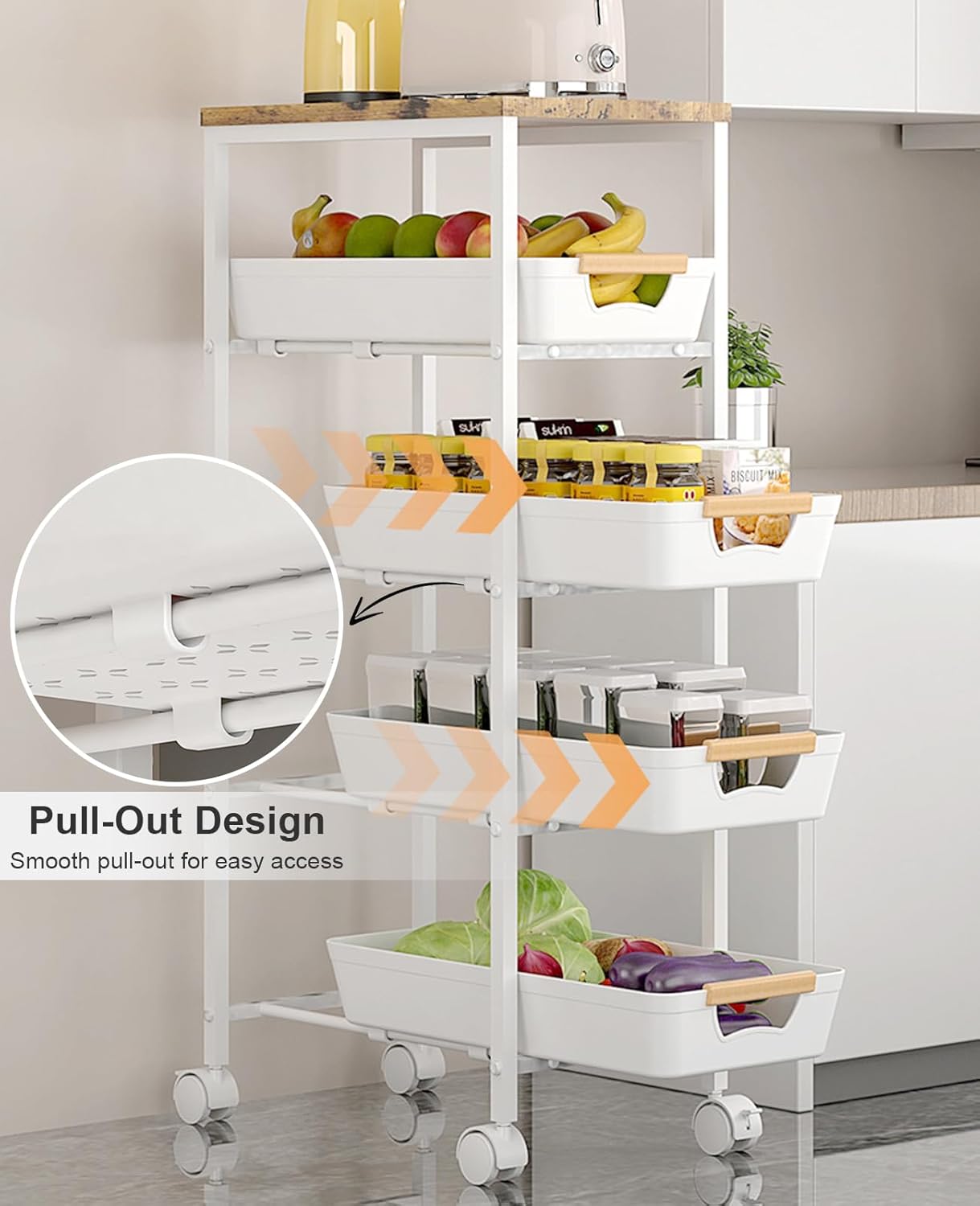 Aupekro 5-Tier Rolling Storage Cart with Wooden Top, Narrow Metal Kitchen Storage Cart, Versatile Mobile Shelving Unit Trolley, Pantry Utility Cart with Pull-Out Drawer (White)