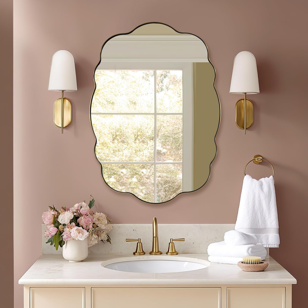 ANDY STAR Brushed Gold Scalloped Mirror - 24x32 Bathroom Mirror, Vintage Oval Wavy Wall Mirror, Brass Anti-Rust Stainless Steel Frame, Hang Vertical or Horizontal
