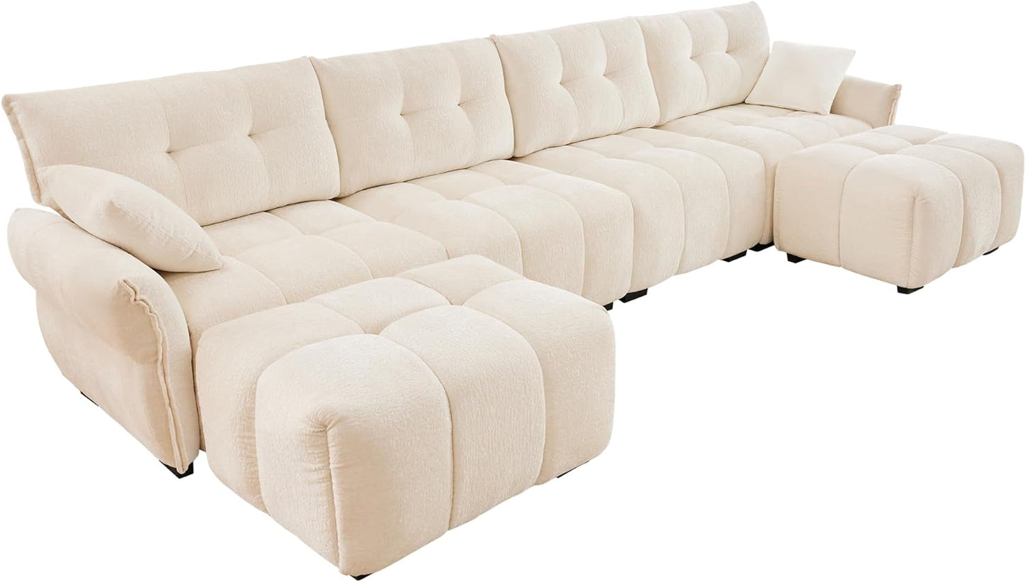 Modern Chenille Fabric 4-Seat Sofa w/Two Ottoman+2 Pillows, Premium Upholstery Living Room Couch with Tufted Backrest & Comfortable Armrests and High-Resilience Memory Foam Cushions,White