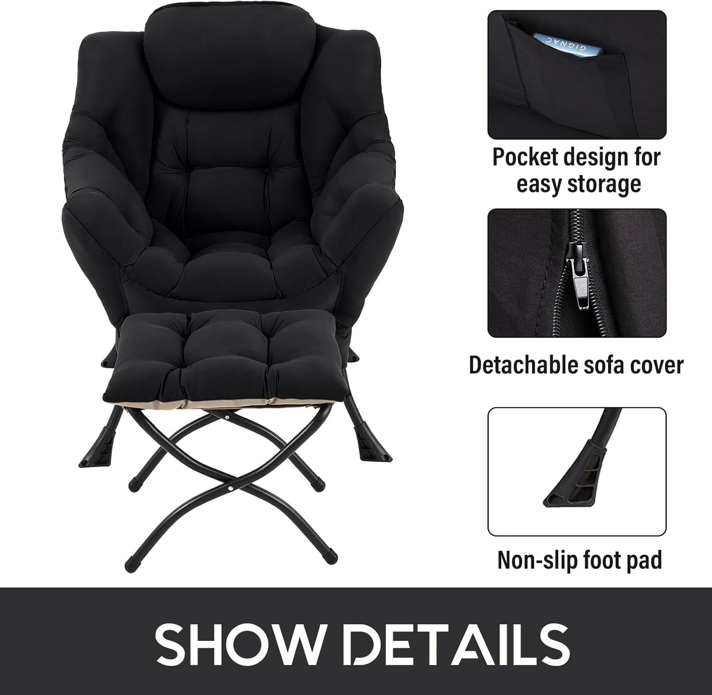 LITA Lazy Chair With Ottoman, Modern Accent Leisure Upholstered Sofa, Contemporary Lounge Reading With Armrests and Side Pocket for Living Room, Bedroom & Small Space, Black