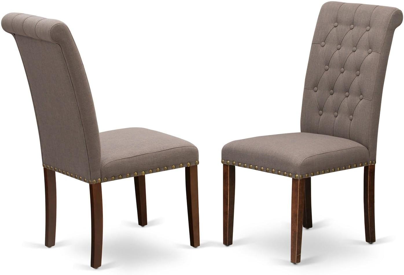 East West Furniture BRP3T18 Bremond Parson Kitchen Chairs - Button Tufted Nailhead Trim Brown Linen Linen Fabric Padded Dining Chairs, Set of 2, Mahogany