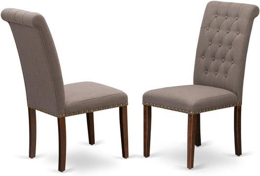 East West Furniture BRP3T18 Bremond Parson Kitchen Chairs - Button Tufted Nailhead Trim Brown Linen Linen Fabric Padded Dining Chairs, Set of 2, Mahogany