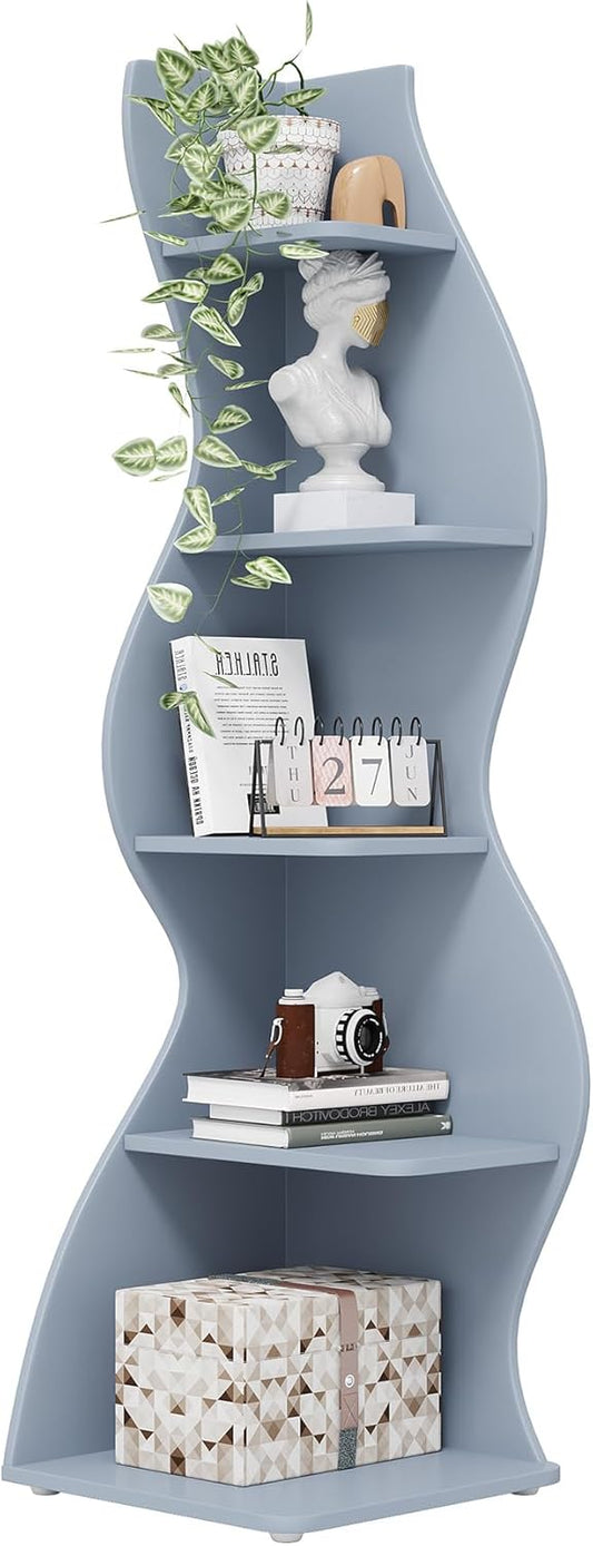 Tribesigns Corner Shelf, Modern 5-Tier Wall Corner Bookshelf, Stylish Corner Small Bookcase Storage Rack Plant Stand with Unique Shape for Living Room, Home Office (Blue, 1PC)