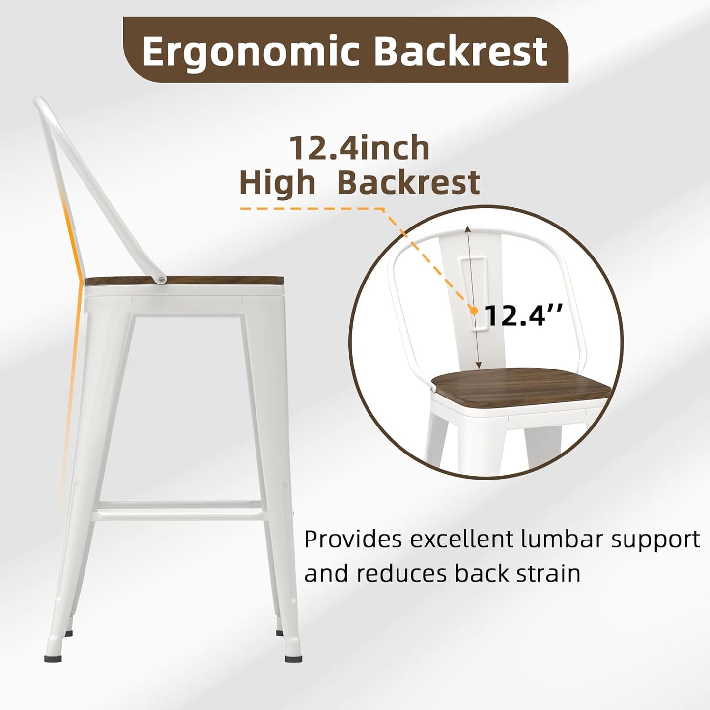 26” Swivel Bar Stools Set of 4, Counter Height Bar Stools Wooden Seat, Metal Industrial Bar Chairs with High Back for Kitchen Island (White)