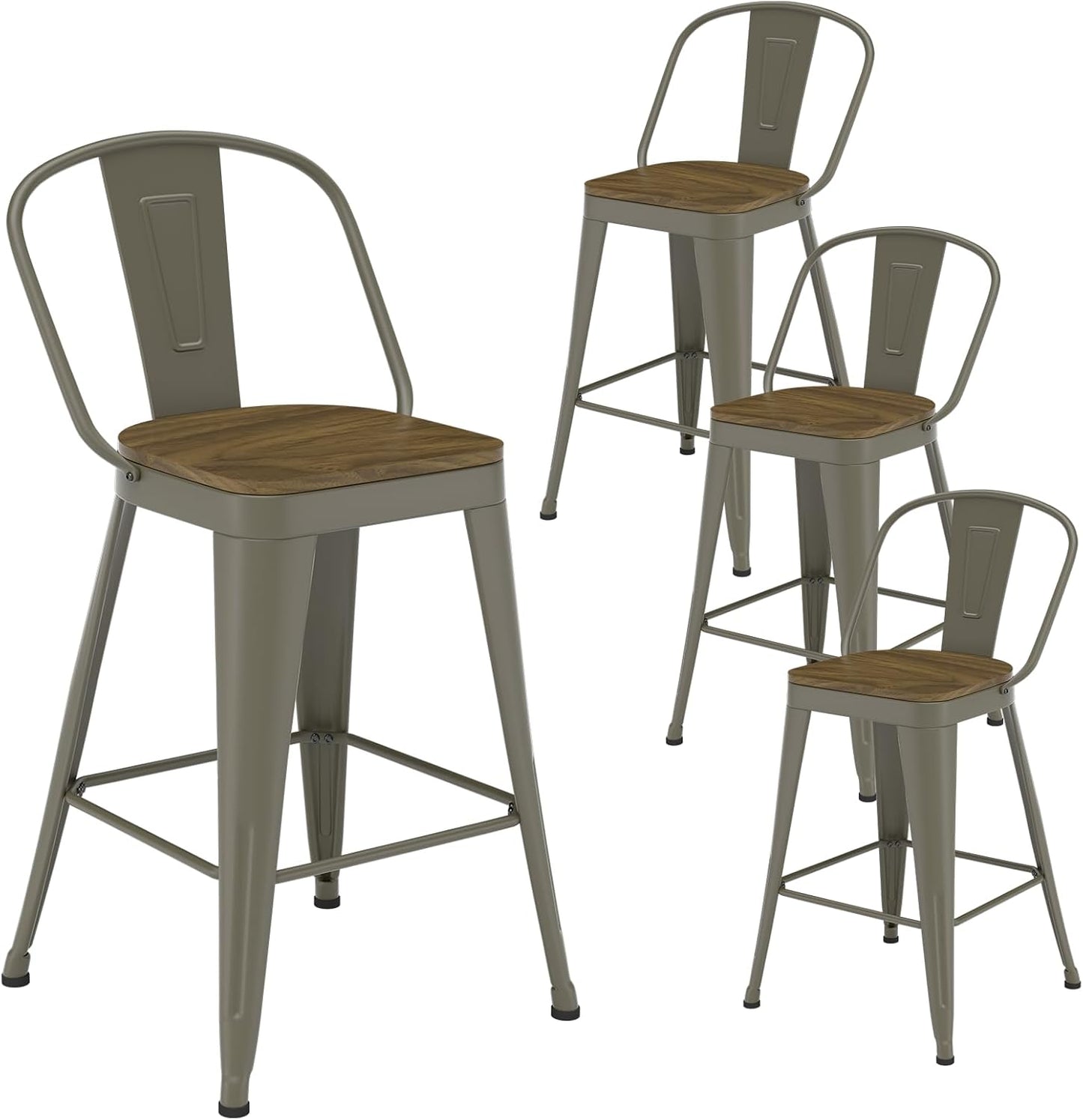 Metal Bar Stools Set of 4, High Back Bar Stools with Wooden Seat, 30 inch Rusty Barstools for Kitchen Island