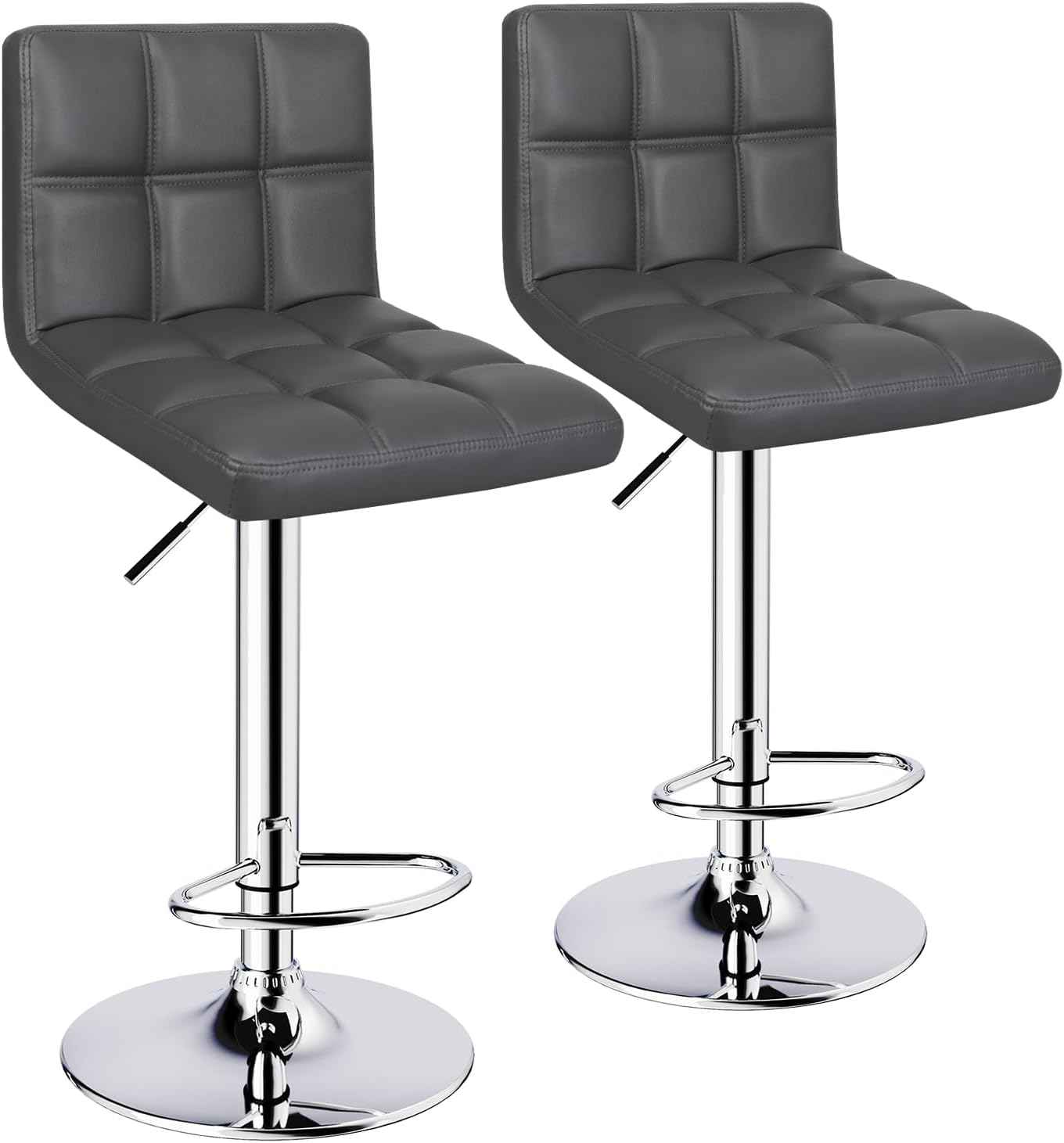 Bar Stools Set of 2, Armless Adjustable Swivel Barstools with Back, Double Needle PU Leather Counter Height Bar Stools for Kitchen Island, Grey