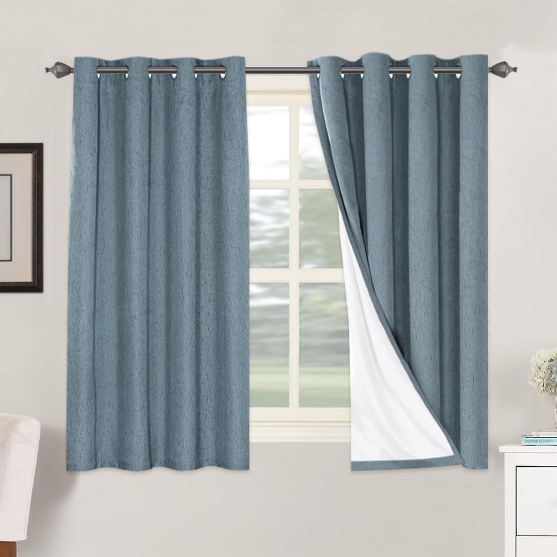 H.VERSAILTEX Linen Blackout Curtains 54 Inches Long 100% Blackout Thermal Insulated Textured Linen Look Curtain Draperies Anti-Rust Grommet, Energy Saving with White Liner, 2 Panels, Stone Blue