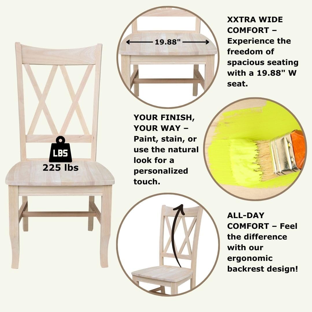 IC International Concepts, Set of 2 Double X-Back Dining Chairs, Armless, Real Wood, Kitchen/Dining/Accent, 19.9"W x 22"D x 41.3"H, 225 Lbs Wt. Capacity, DIY, Paint/Stain In Any Color, Unfinished
