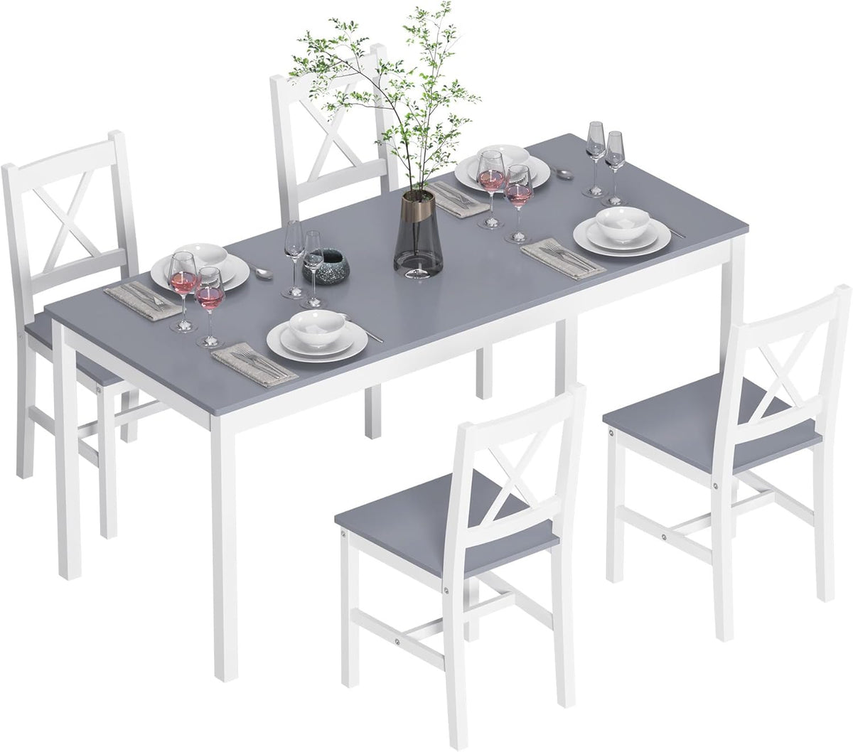 soges 5 Pieces Dining Table Set with 4 Chairs, 47.2 inch Kitchen Pine Wood Table for 4, Rectangular Dining Table Furniture Set for Kitchen, Dining Room, Dinette, White & Grey