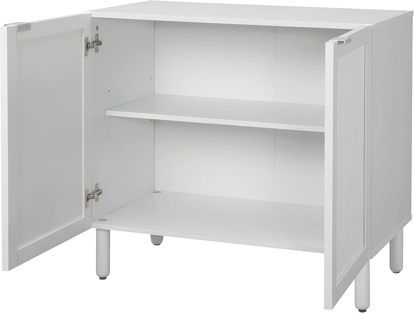 Sango Orre 2-Door Cabinet, Modern White Storage Cabinet with Synthetic Rattan Door Panels, Adjustable Shelf, Cylindrical Wood Legs, Discreet Finger Pulls, Elegant Furniture for Office or Living Room
