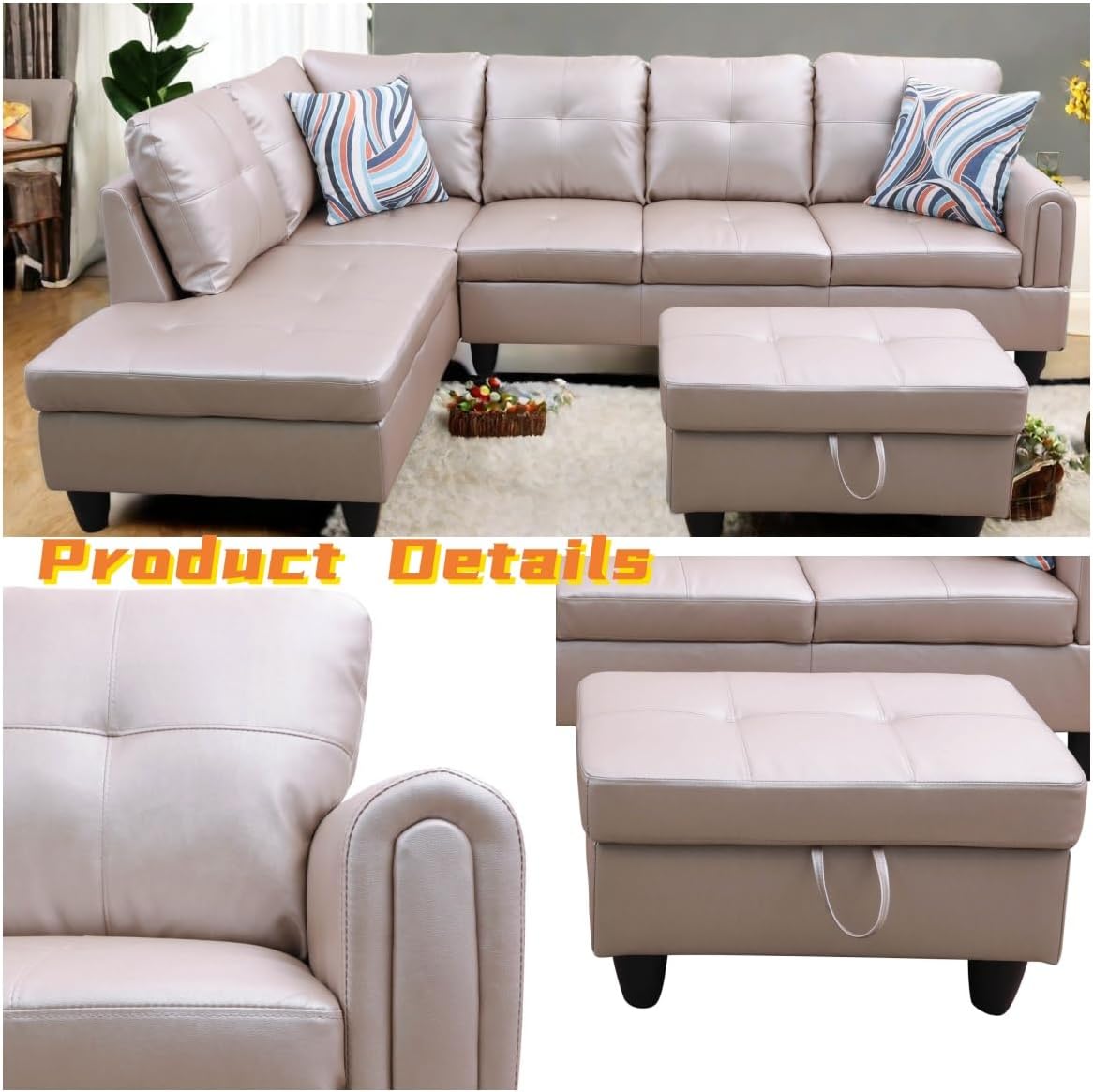 L Shaped Sectional Couch with Otttoman, 97" Leather Sectional Sofa for Living Room Modular Couches with Cup Holders for Bedroom, Apartments, Latte
