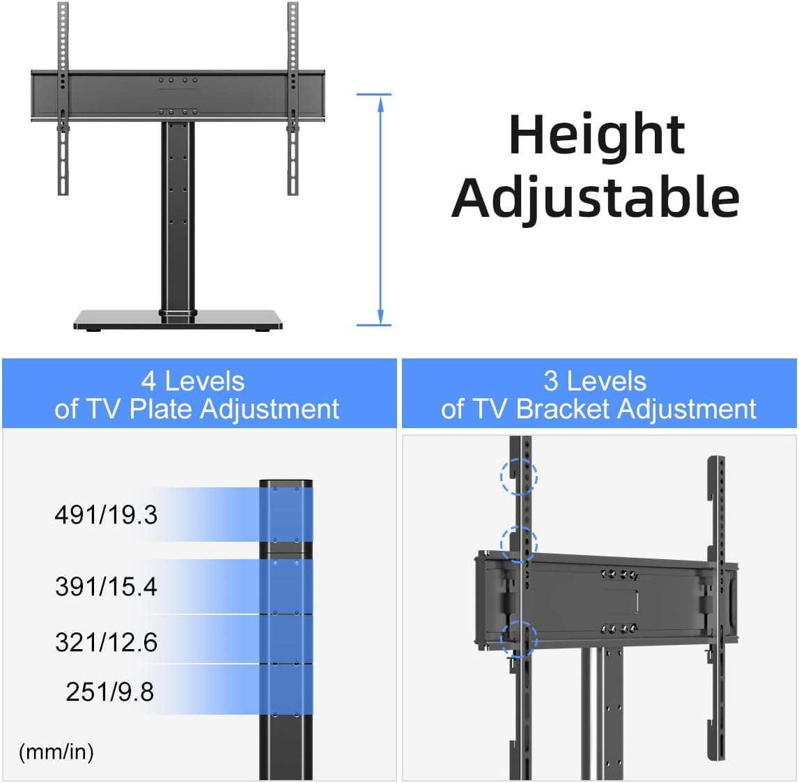 Suptek Reinforced Universal TV Stand for Large TVs in 37-75 inch, Upgraded Height Adjustment Table Top Tall TV Stand Mount, Heavy Duty TV Replacement Stand with Tempered Glass Base Up to 99lbs, TS203