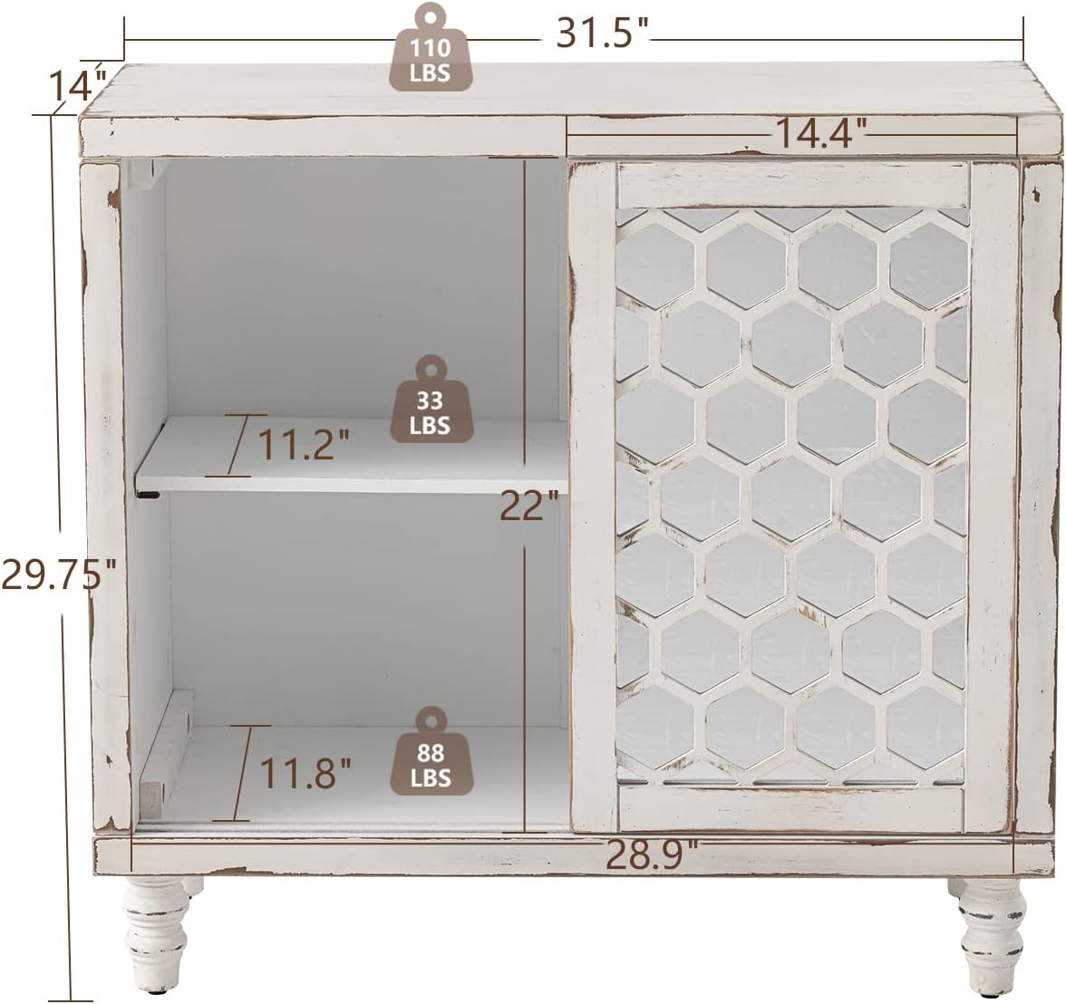 COSIEST 31.5" W Sideboard Buffet Cabinet with Mirrored Doors and Adjustable Shelf, Kitchen Storage Cabinet with Sliding Doors for Dining Room, Hallway, Living Room (White, Honeycomb Pattern)