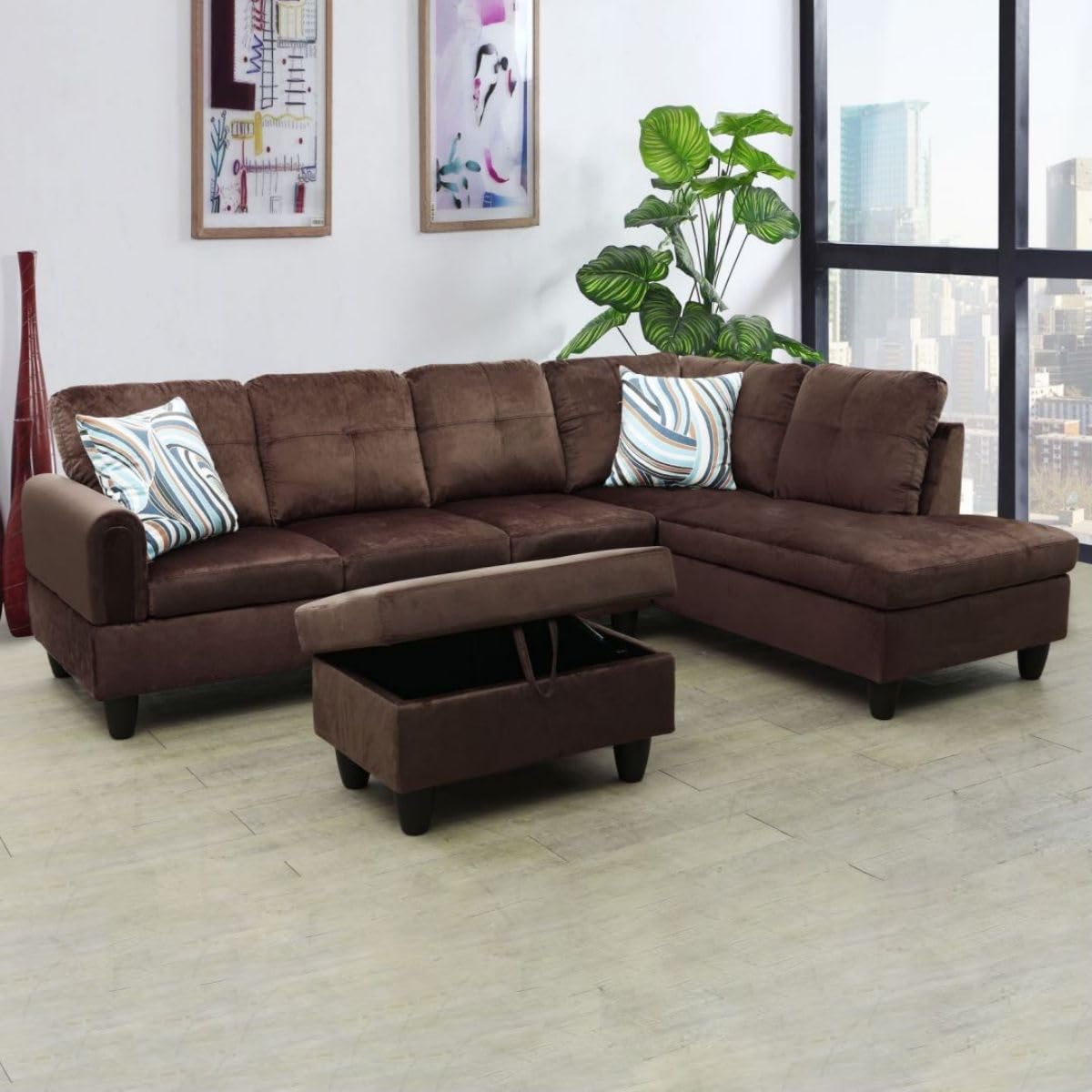 Chocolate L-Shaped 3-Piece Flannel Sofa with Storage Ottoman Set, Sectional Couch Sofa Set for Living Room, Office, Small Space