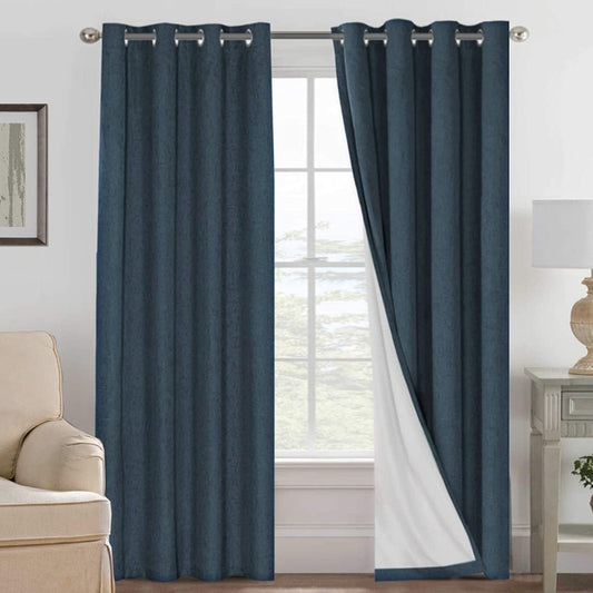 H.VERSAILTEX Linen Blackout Curtains 108 Inches Long 100% Absolutely Blackout Thermal Insulated Textured Linen Look Curtain Draperies Anti-Rust Grommet, Energy Saving with White Liner, 2 Panels, Navy