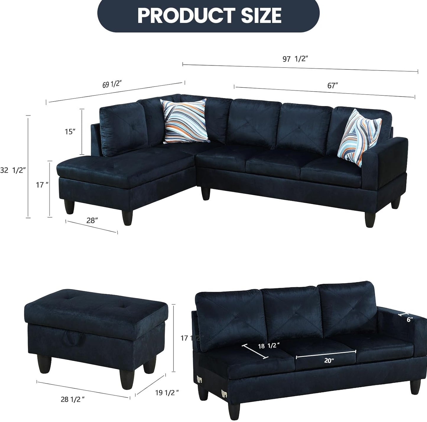 L Shaped Sectional Couch with Otttoman, 97" Sectional Sofa for Living Room Modular Couches for Bedroom, Apartments