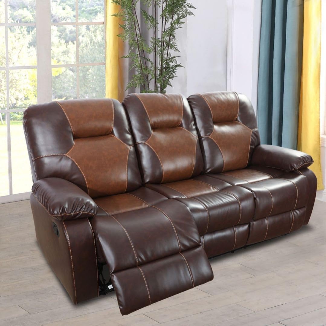 Manual Breathing Leather Reclining Sofa, Comfortable Wide Lazy Leather Couch for Living Room (Brown, Three-Seater)