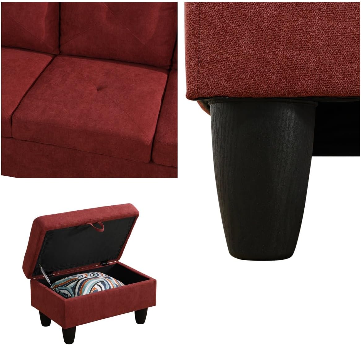 Modular Sectional Couch, L Shaped Couch with Storage, Convertible Sofa with Ottomans, Modern Sectional Sofa for Living Room and Office, Red