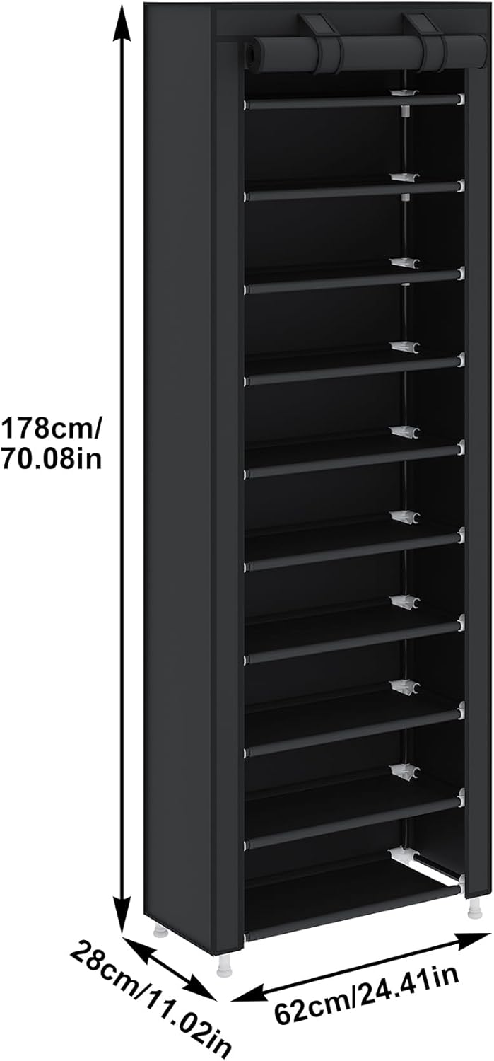 UDEAR 10-Tier Free Standing Shoe Rack Sturdy Shoe Rack Organizer for Closet Entryway Stackable Shoe Shelf with Dustproof Cover,Black