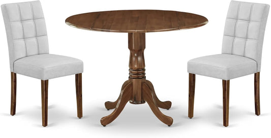 East West Furniture DLAS3-AWA-27 3 Piece Mid Century Modern Dining Set contain A Wood Table and 2 Light Gray Polyester Fabric Mid Century Modern Dining Chairs, Antique Walnut