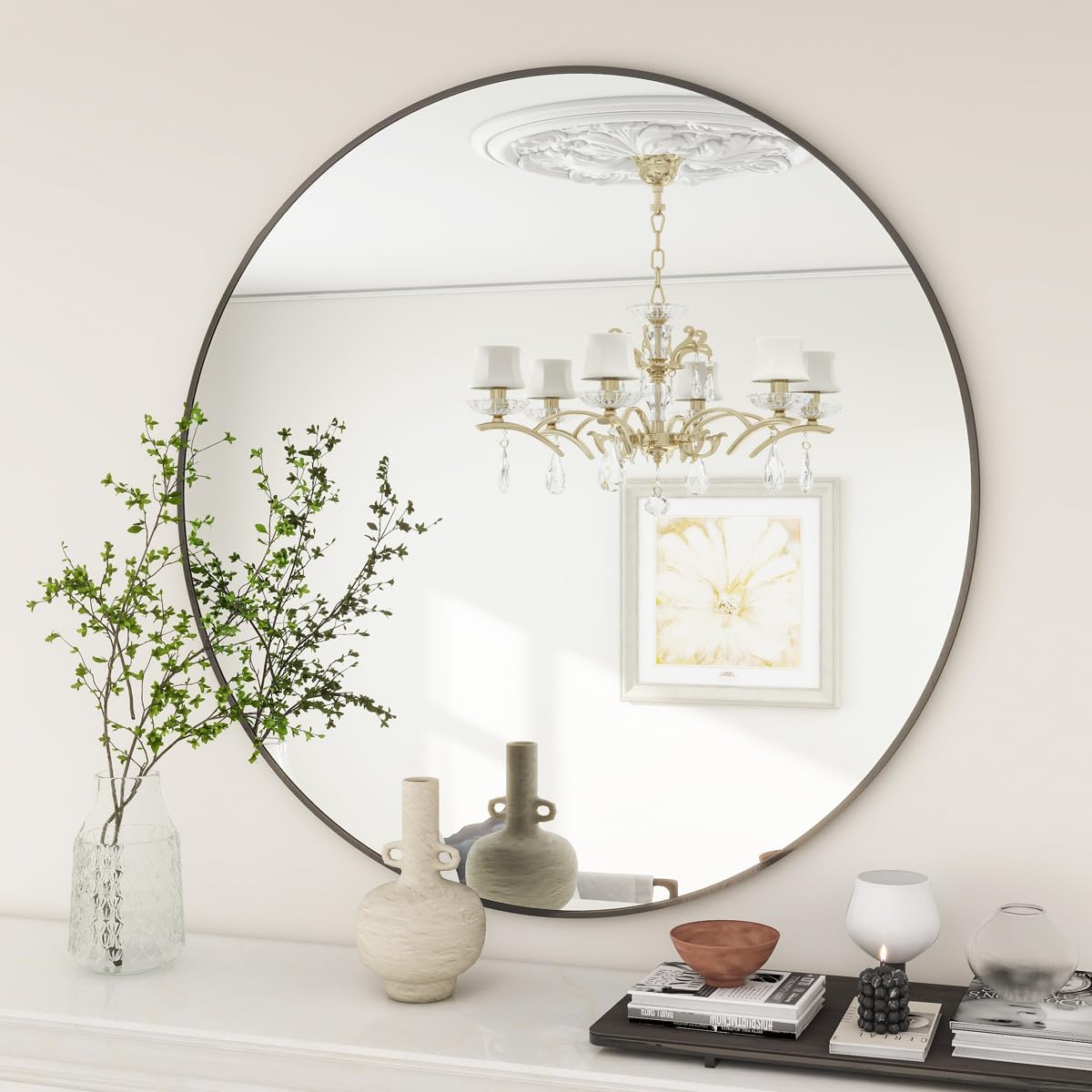 BEAUTYPEAK 20 Inch Round Mirror, Metal Frame Circle Mirror, Wall Mounted for Entryway, Bathroom, Vanity, Living Room, Black