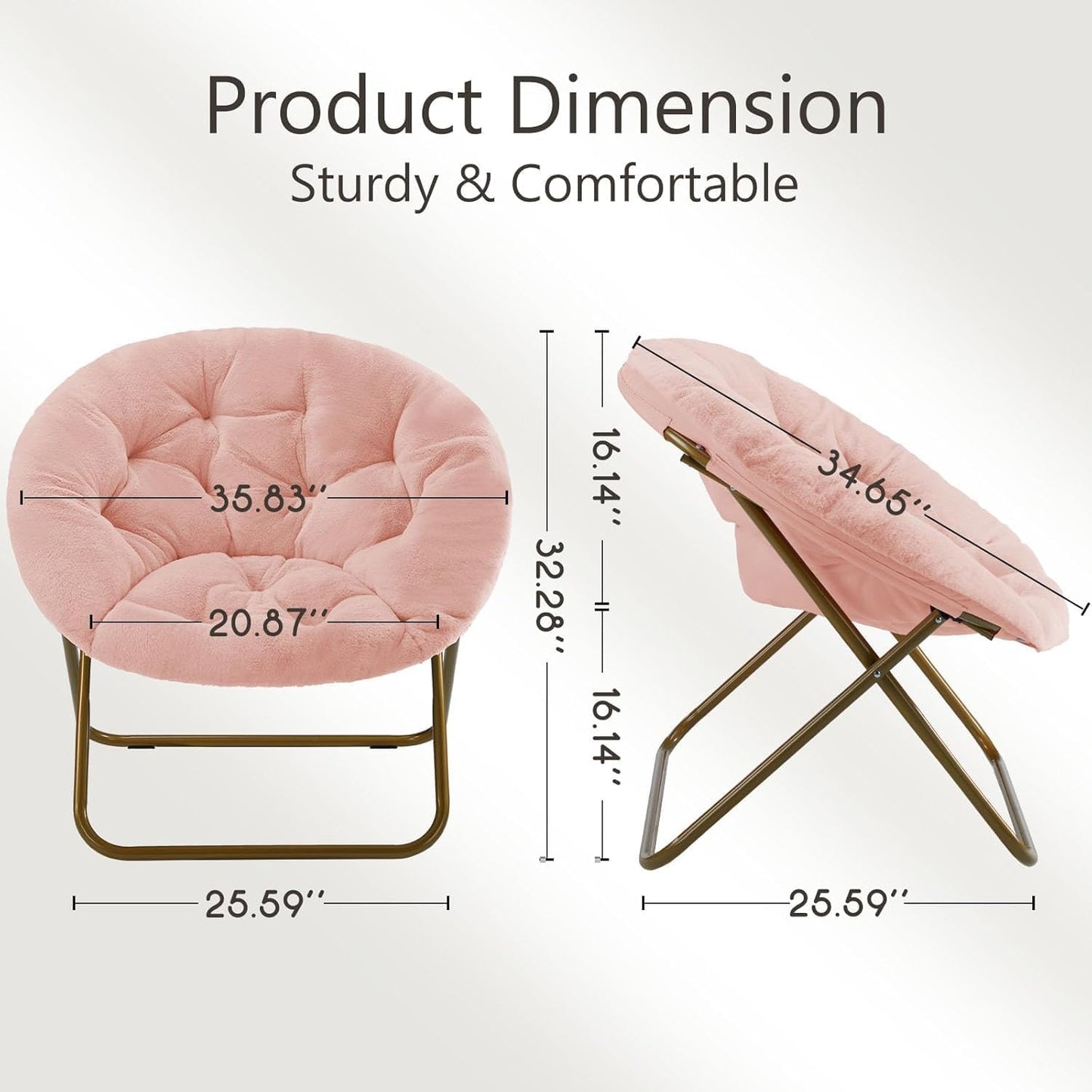 Saucer Chair Faux Fur with Soft and Thick Padded Seat Metal Frame, Modern Style Folding Cozy Chair for Living Room, Bedroom, XL, Pink