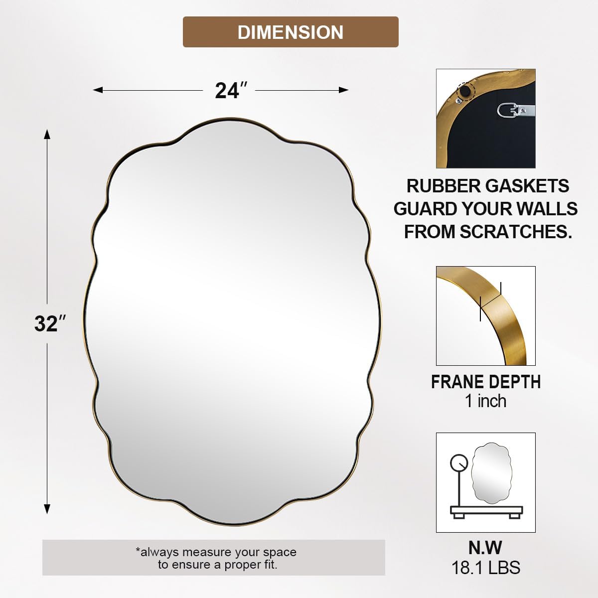 ANDY STAR Brushed Gold Scalloped Mirror - 24x32 Bathroom Mirror, Vintage Oval Wavy Wall Mirror, Brass Anti-Rust Stainless Steel Frame, Hang Vertical or Horizontal