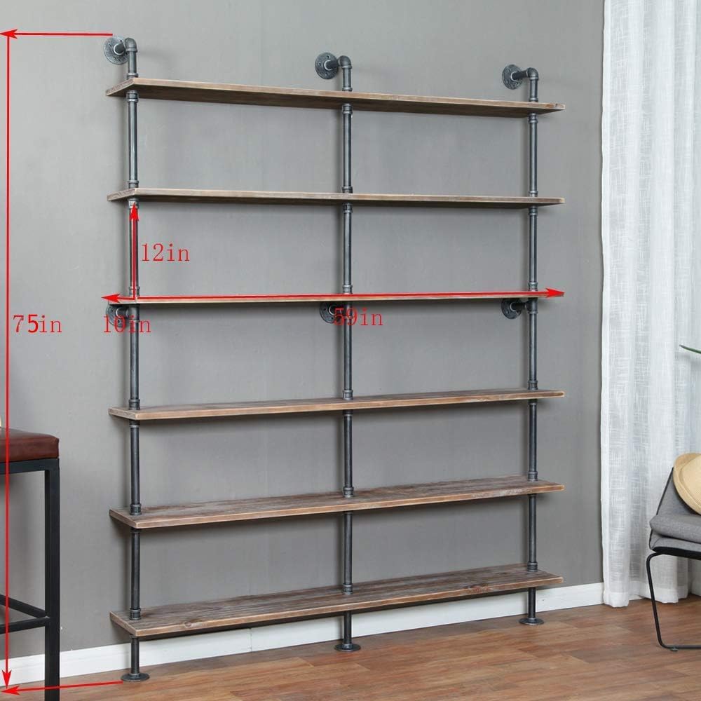 Industrial 6-Tiers Modern Ladder Shelf Bookcase,Solid Wood Storage Shelf,Display Shelving, Wall Mounted Wood Shelves, Pipe Wood Shelves Bookshelf Vintage Wrought Iron Finish (Gray)