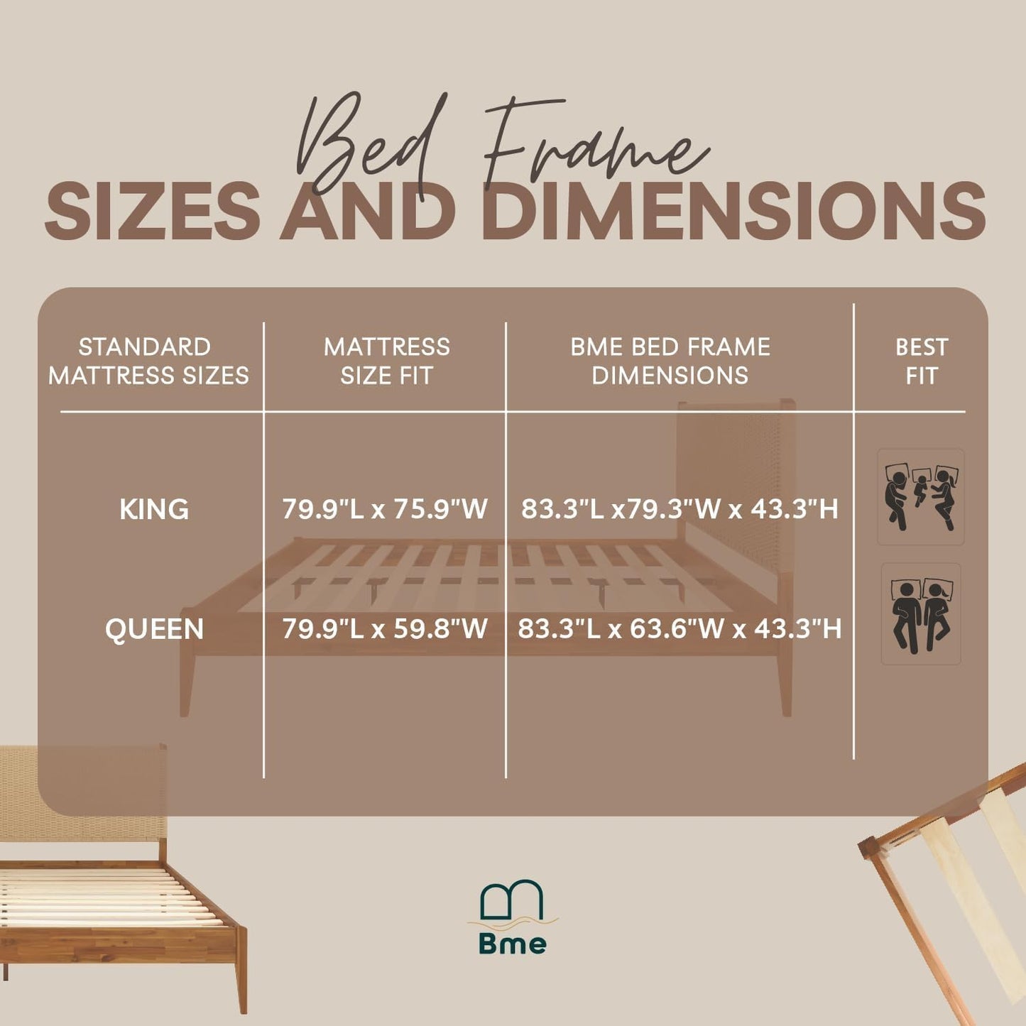 Bme Selina King Bed Frame and Headboard - Handcrafted Paper Cord Headboard, 12-Slat Support, No Box Spring Needed - Easy Assembly, Caramel