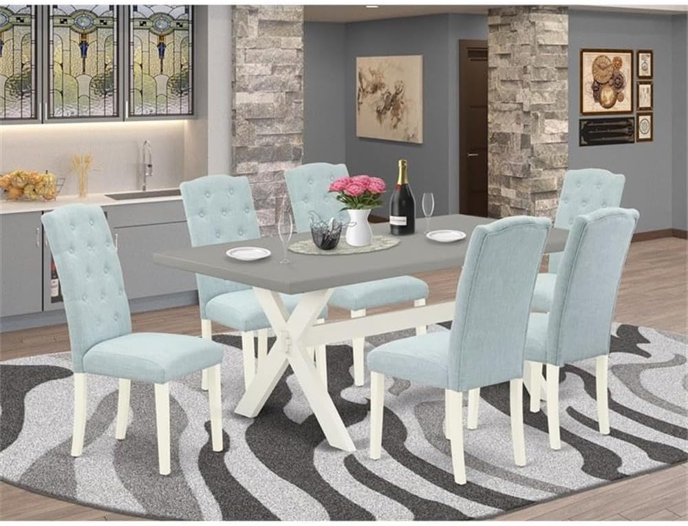 East West Furniture X097CE215-7 7 Piece Dining Table Set Consist of a Rectangle Dining Room Table with X-Legs and 6 Baby Blue Linen Fabric Parsons Chairs, 40x72 Inch, Multi-Color