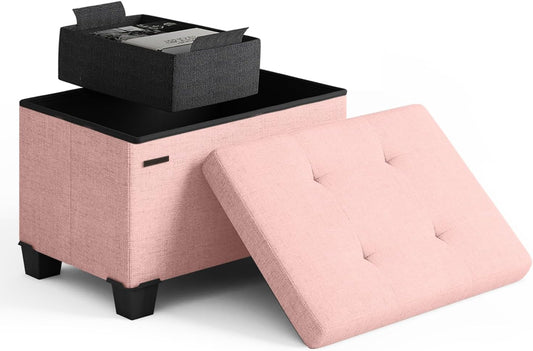 STORAGEBUD Storage Ottoman Cube with Small Bin, 16-in Square Ottoman with Storage for Living Room and Bedroom, Small Ottomans Foot Rest, Fabric Foot Stools Ottomans Max 330lbs, Pink