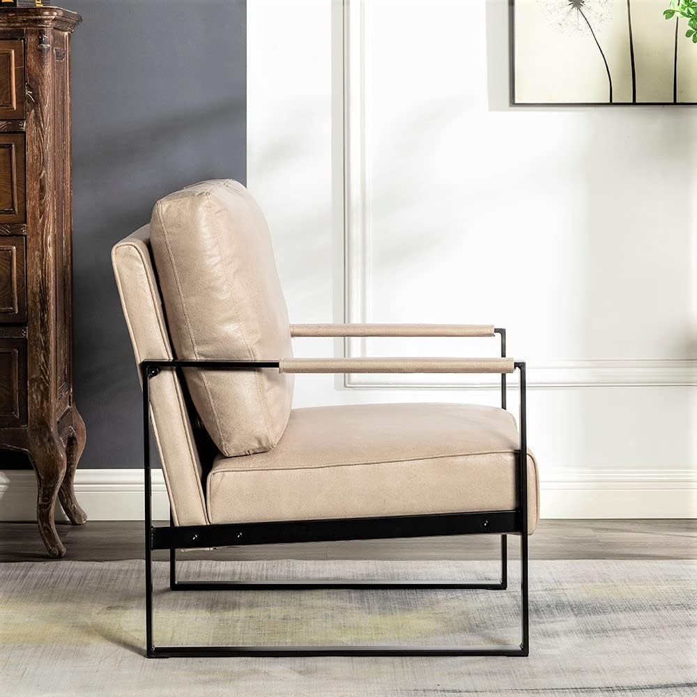 Container Furniture Classic Mid Century Modern Accent Chair with Durable Square Metal Frame, Armchair for Living Room, Bedroom, Home Office in Spotted Microfiber Upholstery, Light Camel