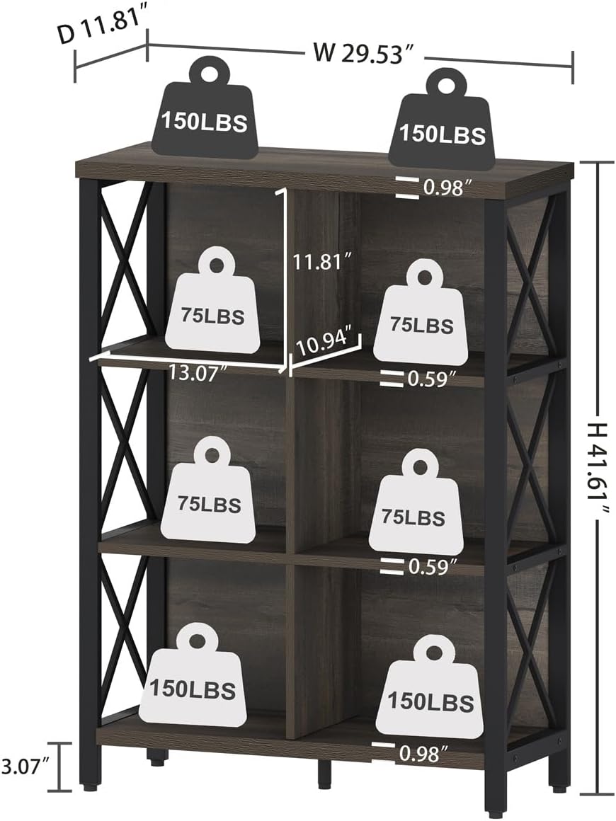 FATORRI 6 Cube Storage Organizer Shelf, Rustic Wood and Metal Cubby Bookcase, Industrial 4 Tier Cube Bookshelf (Walnut Brown)