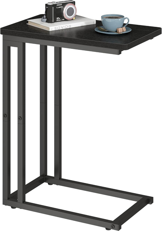 Yusong C Shaped End Table - Slide Under Sofa Couch Bed, Small Table for Small Spaces, Skinny Overbed, Coffee Drink Snack Table for Living Room, Black Oak
