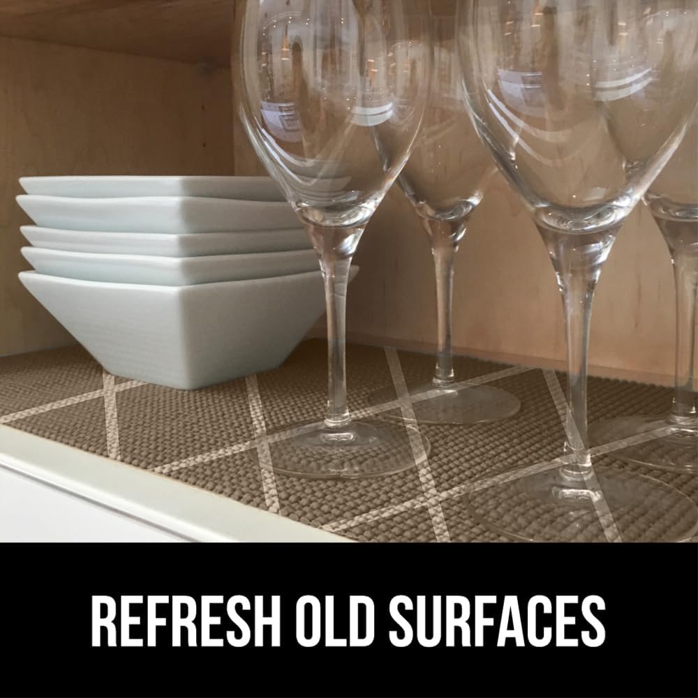 GORILLA GRIP powerGRIP Drawer Shelf and Cabinet Liner, Thick Strong Hold, Non-Adhesive Liners Protect Kitchen Cabinets and Cupboard, Bathroom Drawers, Easy Install, Breathable Mat, 12" x30', Beige