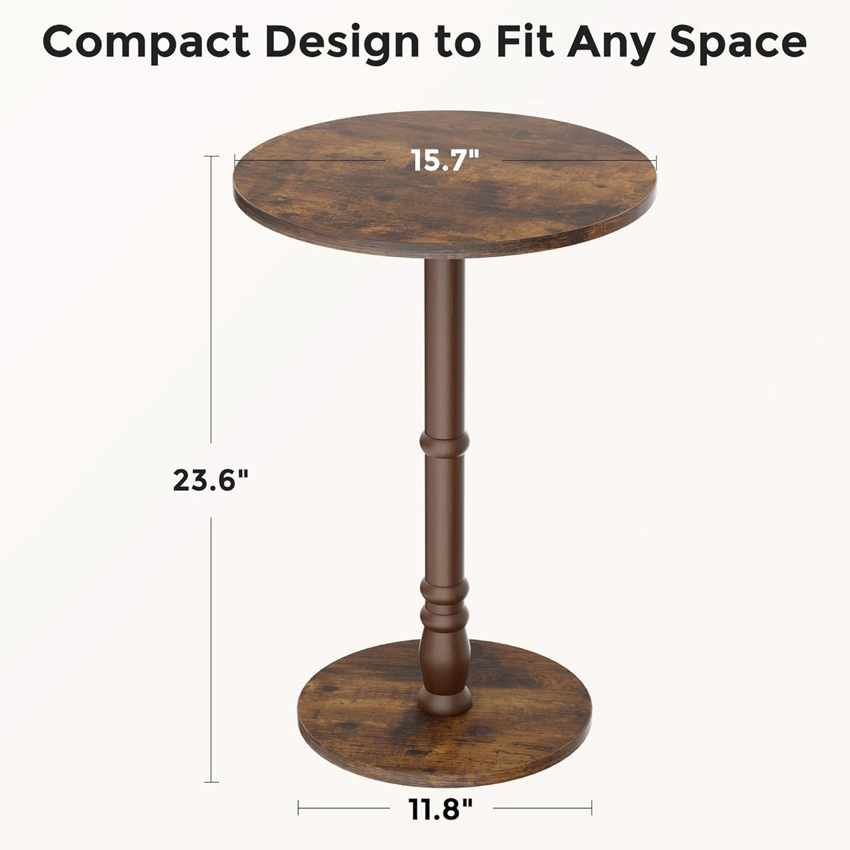 Round Side Table, Solid Wood Pillar, Large 15.7" Top, Small Accent Table for Living Room, Bedroom, Sofa, Entryway & Office, Easy Assembly, Rustic Brown