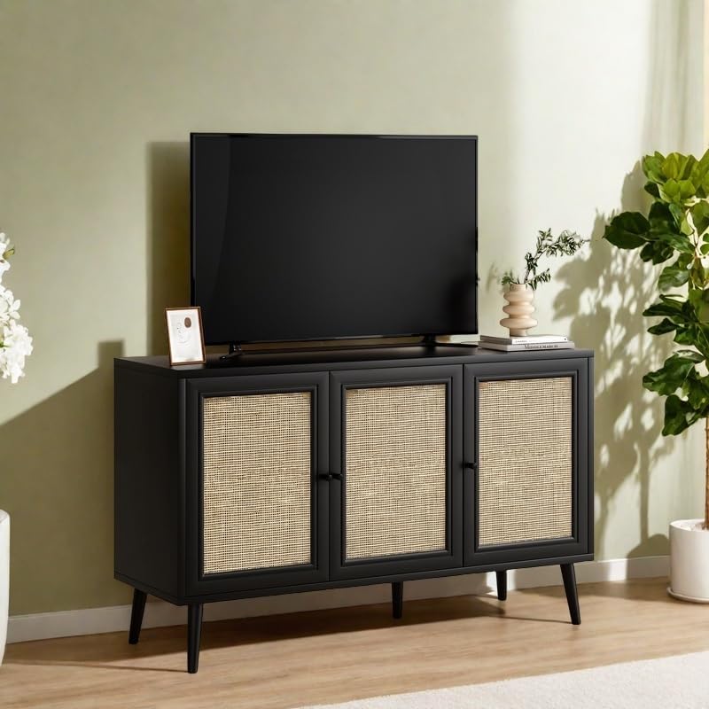 Rattan Entryway Table, Entertainment Center with Adjustable Shelf, Sideboard Buffet Cabinet with 3 Rattan Doors, Modern Console Cabinet with Large Storage for Living Room, Kitchen, Black
