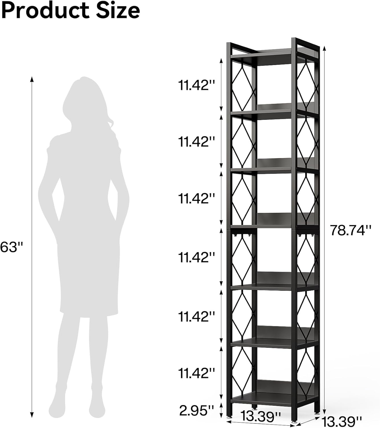 LITTLE TREE Corner Book Shelf, 7-Tier Tall Bookcase, 78" Display Shelves with Sturdy Metal Frame for Living Room, Modern Narrow Standing Bookshelves, Black Office Shelf for Small Spaces, Bedroom