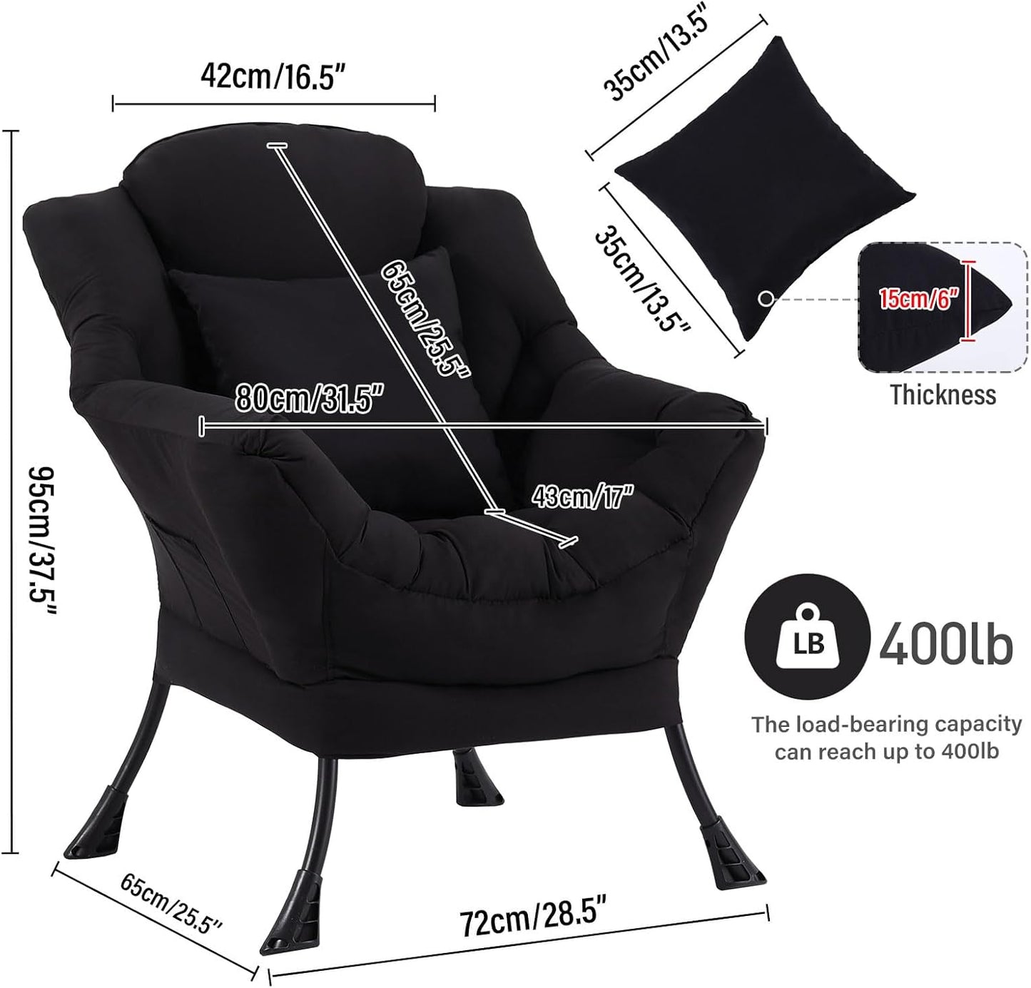 Lazy Chair with Pillow for Living Room, Modern Lounge Accent Chair with Armrests, Leisure Sofa Chair Set, Reading Chair for, Bedroom, Dorm Room, Office, Black
