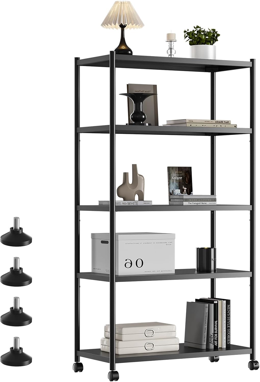 ZZL 5 Tier Large Bookshelf 31.49" Width,Tall Book Shelf Storage and Organization w/Wheels,Industrial Book Shelves for Home Office,Bedroom,School,Living Room(Black)