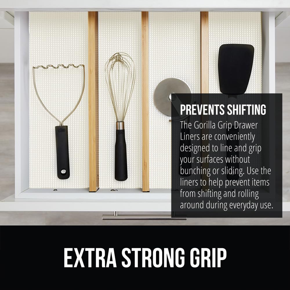 GORILLA GRIP powerGRIP Drawer Shelf and Cabinet Liner, Thick Strong Hold, Non-Adhesive Liners Protect Kitchen Cabinets and Cupboard, Bathroom Drawers, Easy Install, Breathable Mat, 12" x10' Snow White