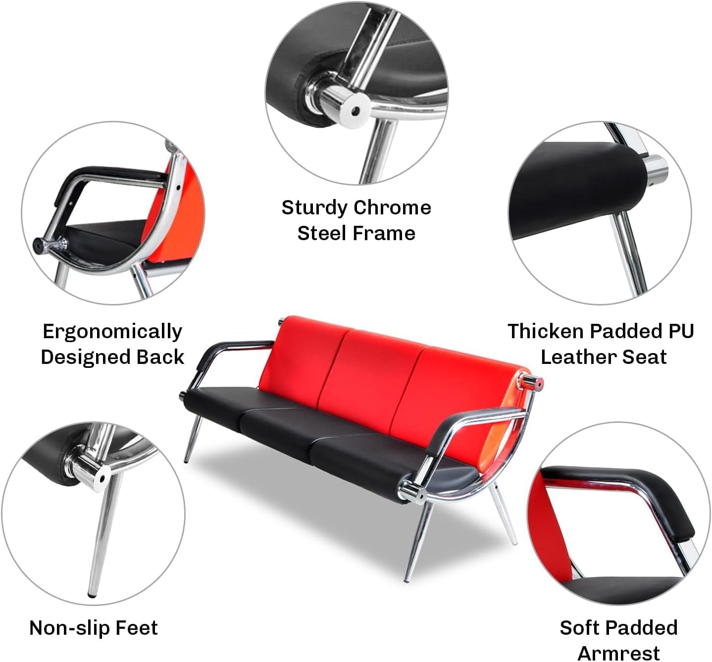 wonline 3 Seat Waiting Room Chair with Armrest PU Leather Office Furniture, Office Guest Seating Lobby Conference Reception Chairs for Airport Clinic Hospital Bank Salon Barber(Red&Black)