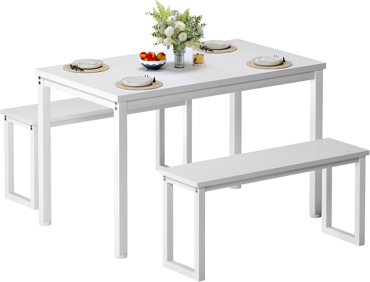 Soges Industrial Style White Dining Table Set for 4, 3 Piece Rectangular Wooden Table and Long Benches, Kitchen and Dining Room Set