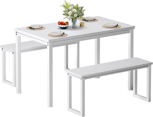 Soges Industrial Style White Dining Table Set for 4, 3 Piece Rectangular Wooden Table and Long Benches, Kitchen and Dining Room Set