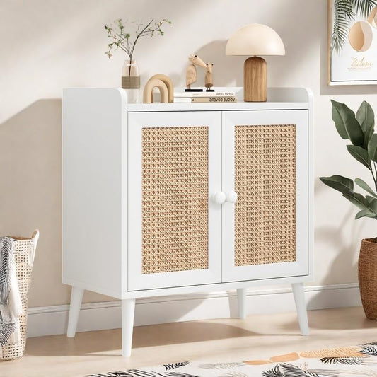 Buffet Cabinet, Rattan Storage Cabinet with Round Pull Rings, Sideboard with Ample Storage, Bar Liquor Shelf with 2 Doors for Living Room, Hallway, White