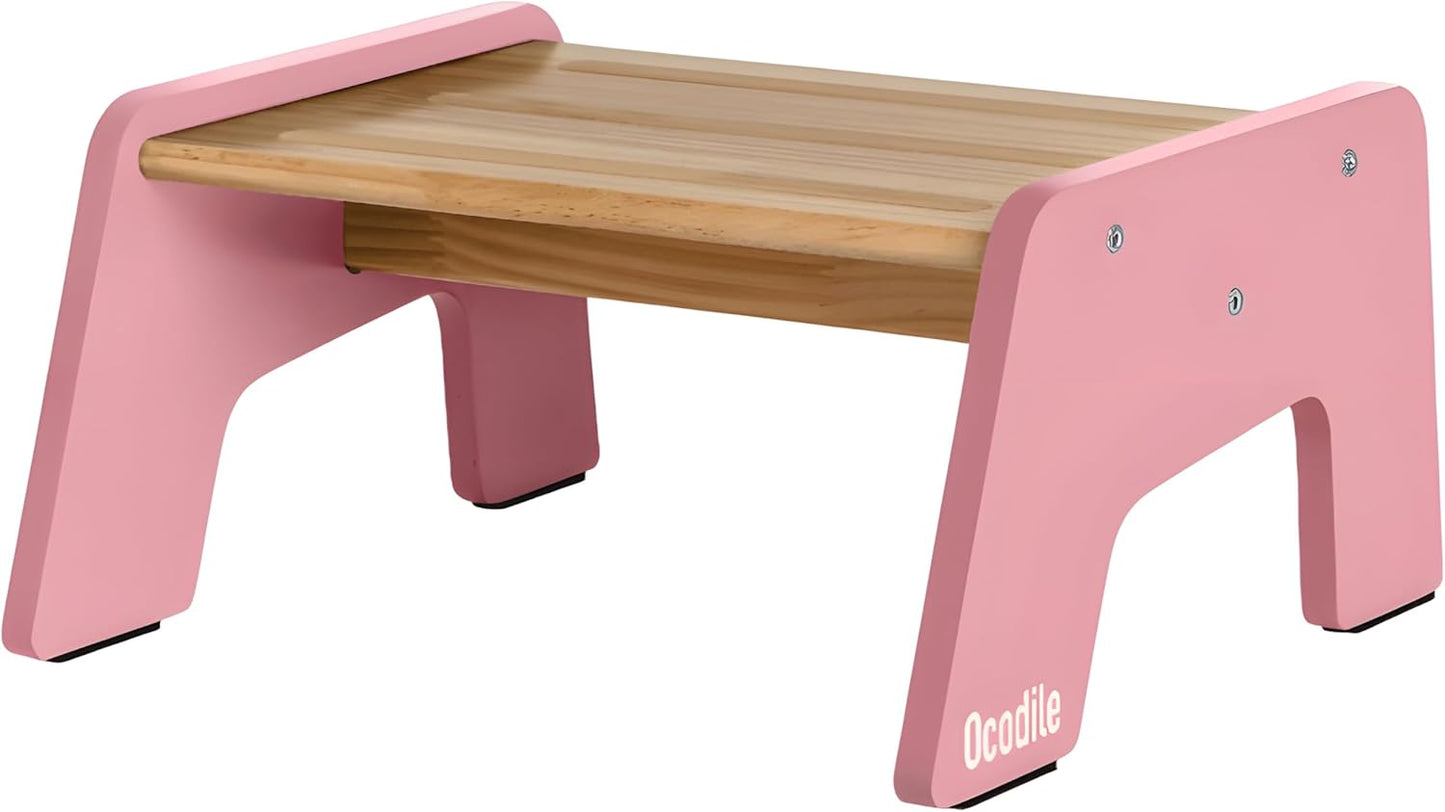 1-Step Wooden Step Stool for Toddlers | Kids Step Stool for Bathroom Sink, Kitchen, and Potty Training | Non-Slip Stool for Toilet Independence | Wooden Step for Children Ages 2+ Pink