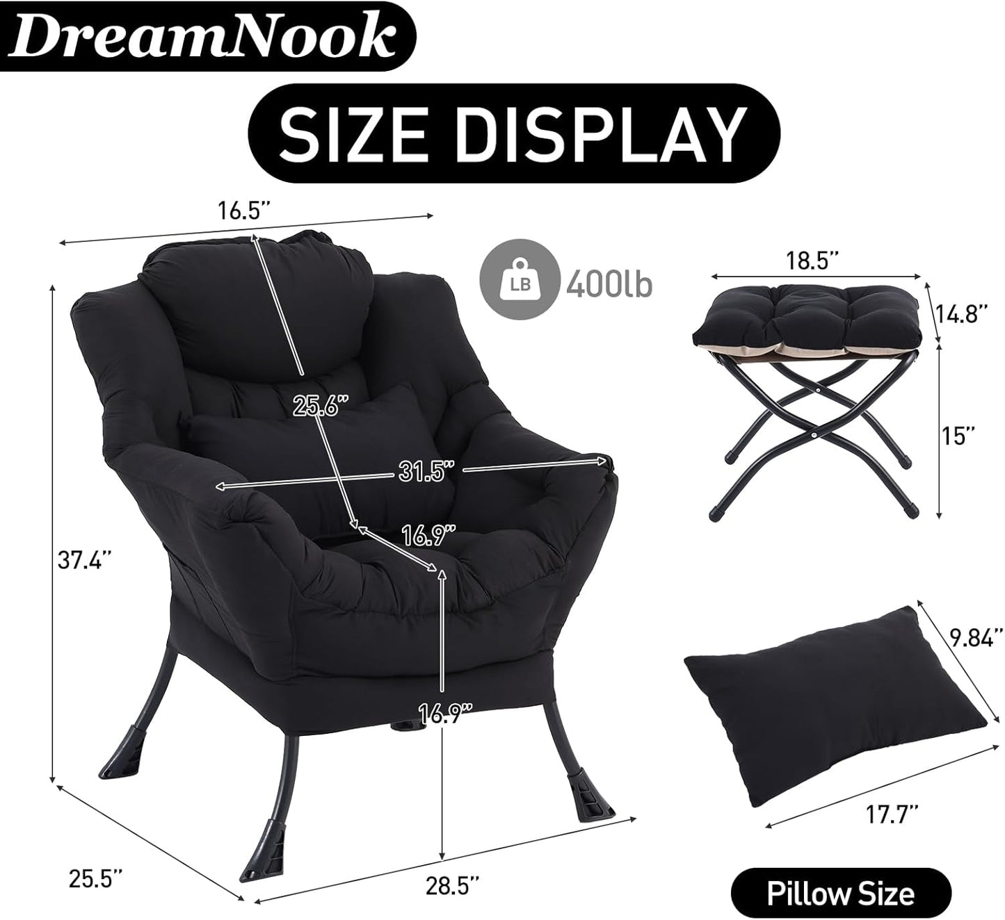Lazy Chair with Ottoman, Modern Accent Chair with Lumbar Pillow, Comfy Chairs with Folding Footrest for Bedroom, Reading, Oversized Supportive Lounge Chairs(Black)
